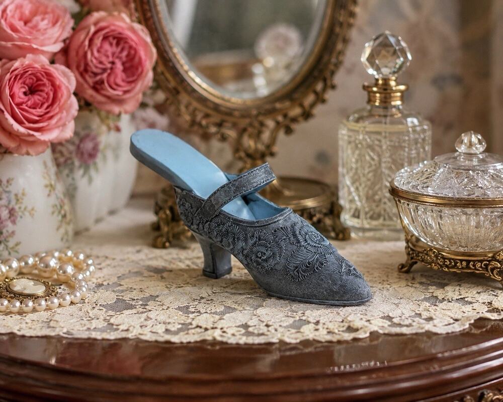 Vintage Miniature Victorian Shoe Figurine Blue Floral High Heel Decor